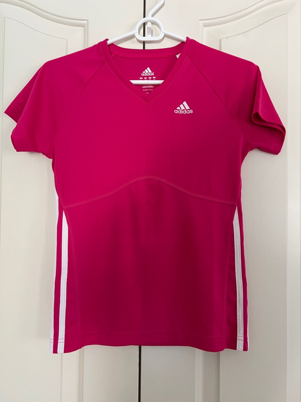 adidas Women's V-Neck Short Sleeve Tee - Pink with White Stripes
Size XS